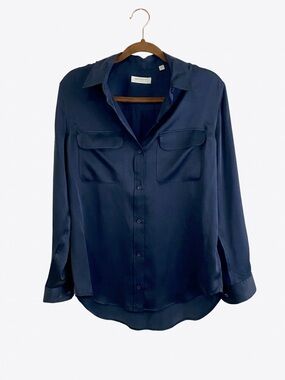 EQUIPMENT FEMME Navy Blue 100% Silk Long Sleeve Button Down Shirt Small Luxury